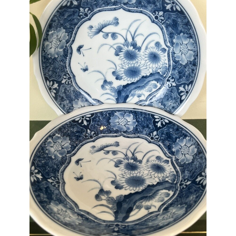 Vintage Japanese Set Of 2 Rice Soup Bowl Blue/White Flowers Design Home Decor - Picture 6 of 10